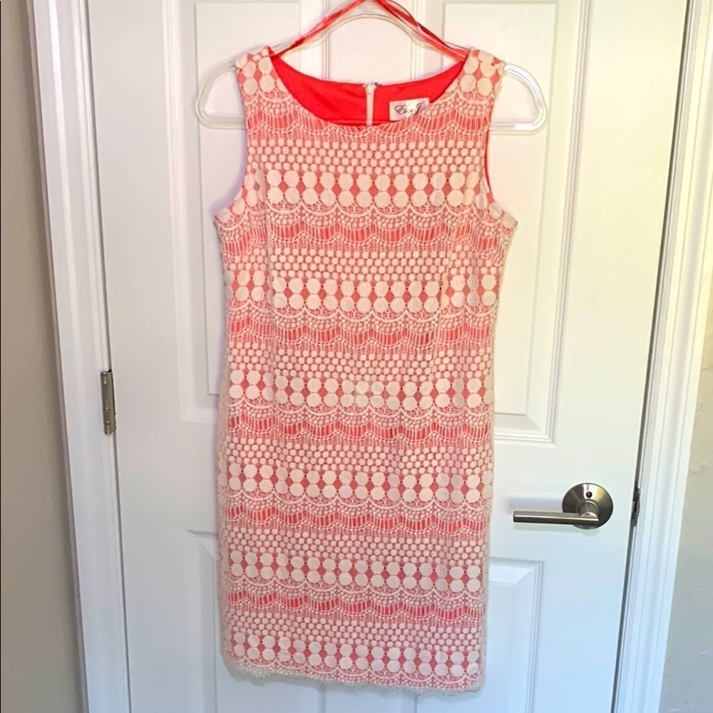 Eliza J sheath dress size 4 ivory lace overlay with coral pink lining